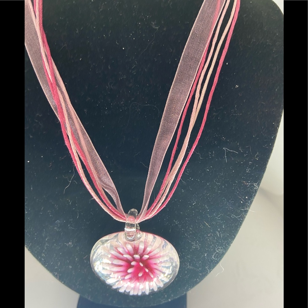 Necklace Pretty Pink with Glass and Ribbon
